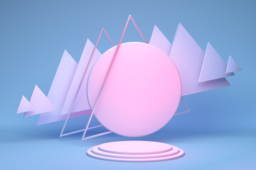 3D minimal pastel pink round podium, stand on blue background with abstract geometric forms for advertising. 3D abstract illustration