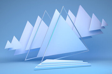 3D empty podium with geometric triangle shapes in blue pastel composition for modern stage display and minimalist mockup