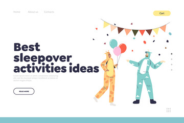 Sleepover activity concept of landing page with girl and guy on kigurumi pajama party