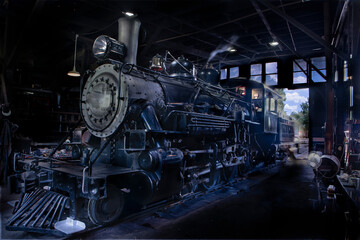 A old steam engine train in the barn for service while cooling down