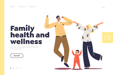 Family health and wellness concept of landing page with happy parents jump up with little baby kid