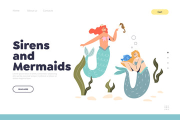 Sirens and mermaids concept of landing page with water nymphs with fish tails underwater