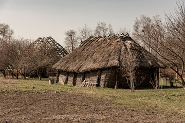 An old rural thatched-roofed farmhouse built of logs.