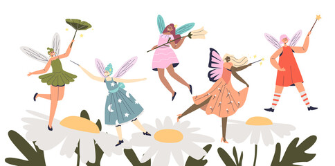 Group of cartoon cute fairies flying over chamomile. Female pixies elf with wings and magic wands
