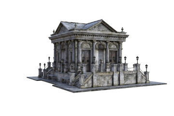 Old baroque building, a mausoleum with stairs and lanterns on a white background, which is isolated from multiple angles for collage and further edits.