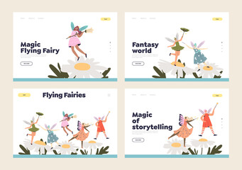 Magic flying fairies set of landing pages with cute cartoon girls elves and forest pixies