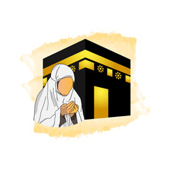 Islamic pilgrimage with illustration muslim woman isolated on white background