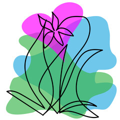 Linear image of a flower with leaves on a background of pink hearts and green, blue spots. Rough sketch in black continuous line. Greeting card template.