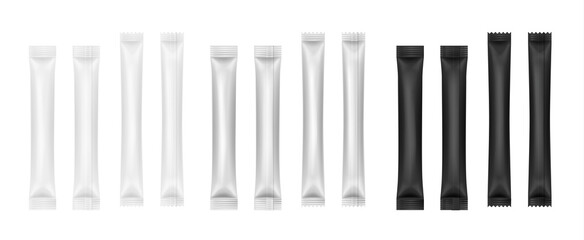 Realistic white black sticks sachet. Long blank package. Drugs, coffee, salt, sugar wrappers mockup