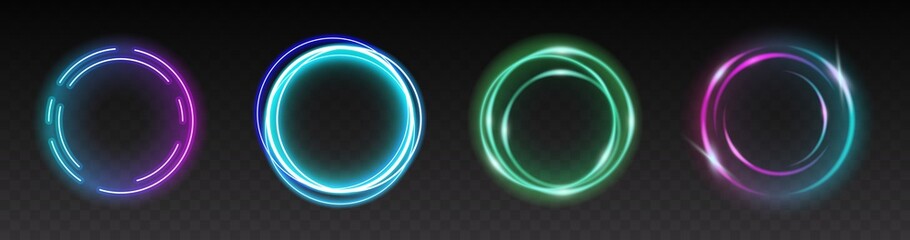 Light circles of flashes on transparent background. Set of round sparks glowing with glare effect