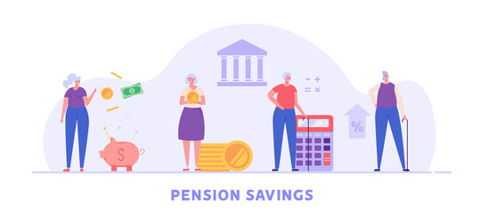 Fototapeta na wymiar Elderly couple, pensioners are standing next to a calculator, piggy bank and coins. Concept of pension savings, insurance pension, pension fund, investments. Vector illustration in flat design