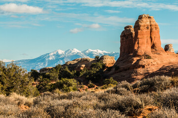Slick Rock and The Snow Capped La Sal Mountains on The Broken Arch Trail, Arches National Park, Utah, USA