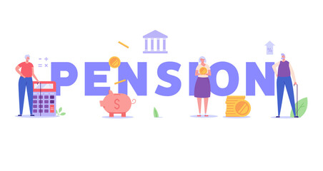 Elderly couple, pensioners are standing next to a calculator, piggy bank and coins. Concept of pension savings, insurance pension, pension  fund, investments. Vector illustration in flat design