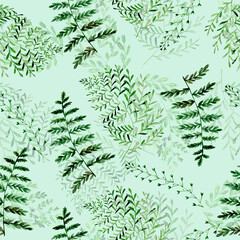 Watercolor pattern with fern leaves. Texture for fabric and wrapping paper. Herbal print.
