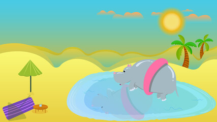 Children's illustration.The hippo swims with an inflatable circle. The concept of safety of children on the water. Cartoon illustration, a hippo swimming in Africa.