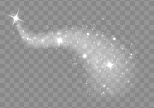 Stardust white sparks from an explosion on transparent background. Magic burst of energy rays. Banner for design. Overlay magic effect glowing traces of sparkle dust star waves. Vector illustration.