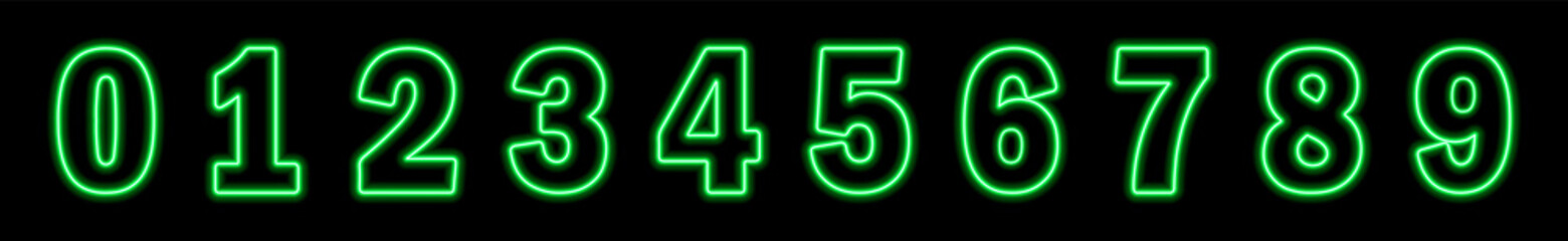 Set of neon green numbers on black background. Learning numbers, serial number, price, place. Symbol collection. Figures