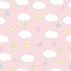 Seamless vector pattern with clouds and stars.