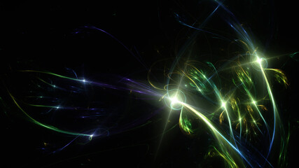 Abstract background, smooth multicolored lines on a black background.