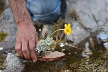Organic toy boat with human hand, environmentally friendly concept