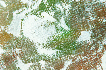 abstract colorful creative background - rough linen canvas unevenly covered with multi-colored primers, reflections of light. Toning, blur. Temporary object.