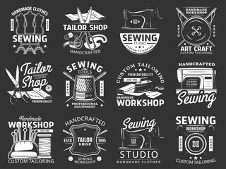 Sewing and tailor icons with isolated vector sewing tools and equipment. Thread, needle, machine and scissors, pin, button, mannequin, textile and tape measure emblems of dressmaker or tailor shop