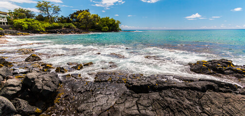 Rugged Lava Shoreline Along Alii Drive, Kailua-Kona, Hawaii, USA