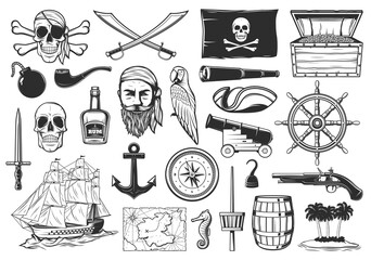 Pirates and treasures map icons, Caribbean island and sea adventure, vector. Pirates flag Merry Roger, anchor and compass, rum barrel and cannon bombs, filibuster hadn hook and parrot with gold chest