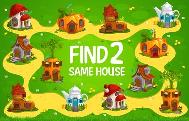Find two same fairy houses kids game. Vector riddle with cute dwellings teapot, pumpkin and carrot, boot with tiled roof, mushroom and stone building. Children test with cartoon fantasy forest homes