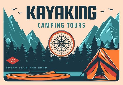 Kayaking and camping tours retro banner. Recreation activity trip, rafting on river in wild. Hiking and outdoor travel club vintage poster with kayak, tourists tent on mountain river or lake shore