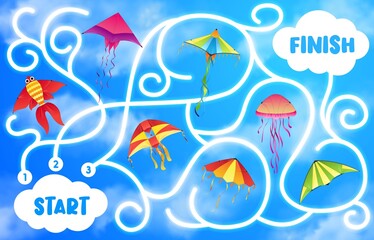 Kids labyrinth maze game with vector background of kites flying in blue sky. Start to finish puzzle, game or riddle, children educational activity worksheet with find right way task, cartoon kites