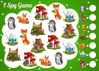 Kids spy game cartoon fairy houses and animals. Vector educational test with cute forest characters fox, squirrel and hedgehog near fantasy homes stump, mushroom or pot. Math child riddle worksheet