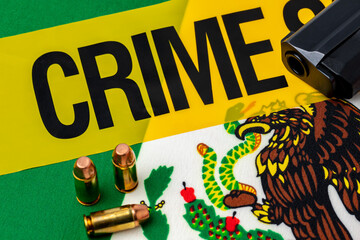 Gun, ammunition, crime scene tape and flag of Mexico. Concept of illegal firearm sales, crime and gun violence.