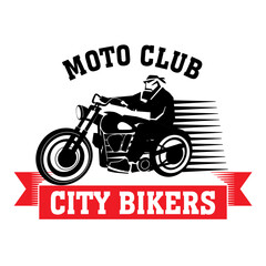 Motorcycle club logo. Emblem design. Red and black illustration of a biker rides a motorcycle. Vector graphics