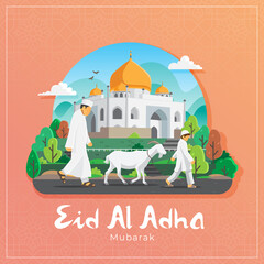 Eid al adha greeting card with muslim man and boy carrying white goat