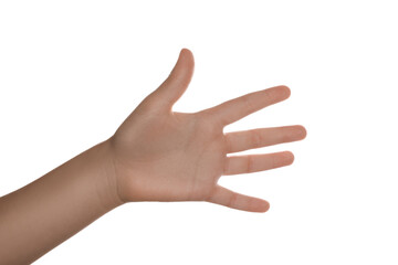 Child showing hand on white background, closeup