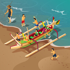 Isometric illustration of Balinese traditional fishermant boat with kids playing on it