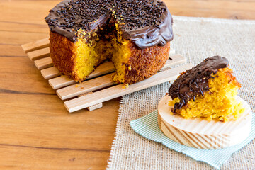Carrot cake with chocolate icing. Brazilian carrot cake.