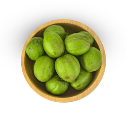 Top view of Chebulic Myrobalans, Myrolan Wood (Terminalia chebula Retz.) Fruit, medicinal properties. on white background