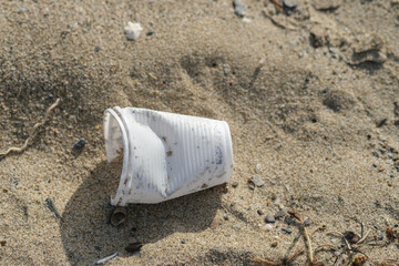Fototapeta na wymiar Disposable plastic cup discarded on sea coast ecosystem,nature waste pollution