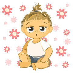 Little child. Girl. Sits playing indulges. Isolated object on a white background. Cheerful kind funny. Cartoons flat style. Preschool age. Childhood Vector.