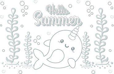 Hello Summer cute whale drawing under the water sketch for coloring
