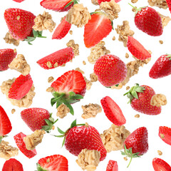 Delicious granola and strawberries falling on white background. Healthy snack