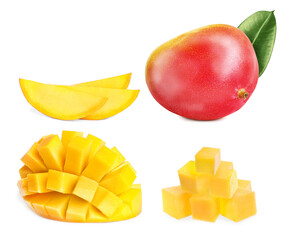 Set with delicious ripe mangos on white background