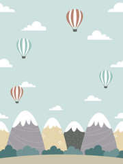 Seamless background design with mountains, forests, clouds, and hot air balloons. Cartoon style landscape illustration. For poster, web banner, kids room wall paper, etc.