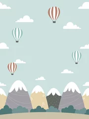 Fototapete Kinderzimmer Nahtloses Hintergrunddesign mit Bergen, Wäldern, Wolken und Heißluftballons. Landschaftsillustration der Karikaturart. Für Poster, Webbanner, Kinderzimmertapeten usw.