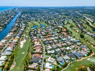 aerial drone of Golf course in Boca Raton, Florida with city