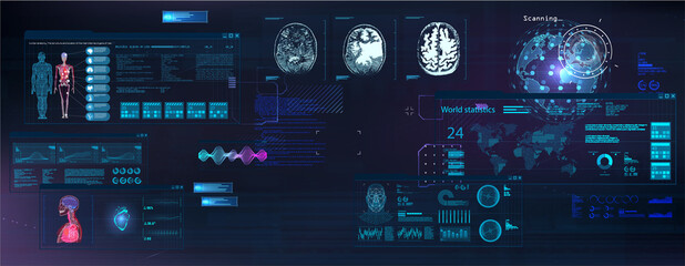 Sci-fi cyberpunk dashboard with world map, medical data, code, data and graphs and charts. Computer screens in futuristic HUD style. Hacker's desktop. Futuristic User Interface and HUD screens. Vector