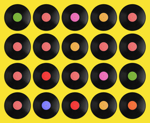 Set with vintage vinyl records on yellow background, top view