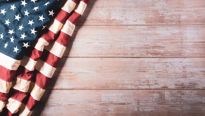 4th of July happy independence day concept. Vintage American flag on old wooden background.